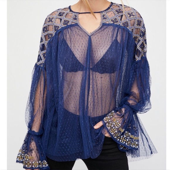 Free People Tops - NEW Free People Boho Navy Mesh Embroidered Top Lrg